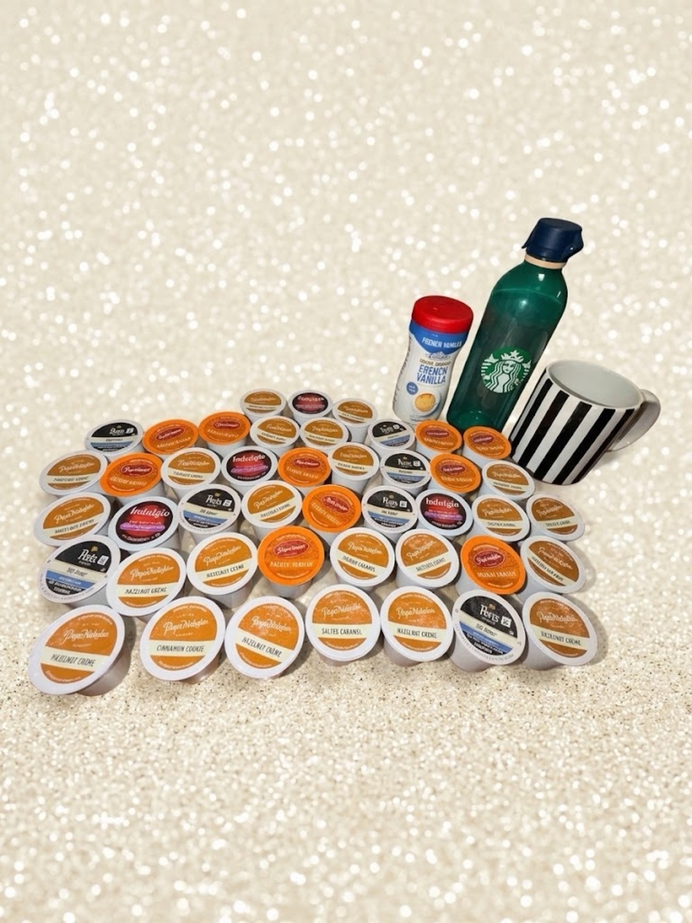 Huge Coffee & Cocoa Variety Lot: 52 K-Cups, Mug, Starbucks Tumbler & Creamer